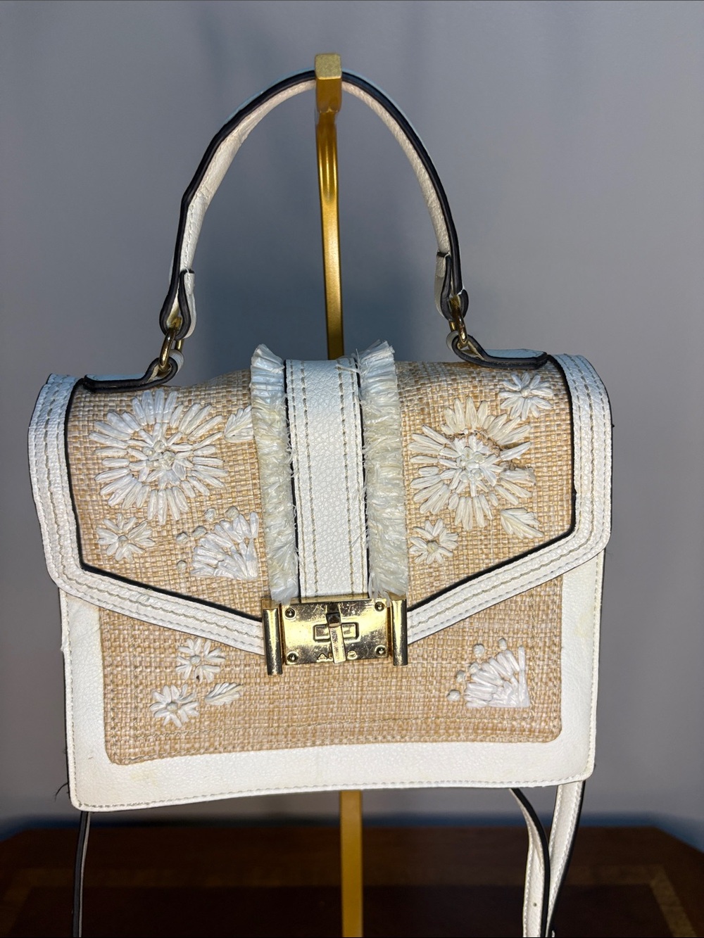 Aldo White & Natural Floral Embroidered Top-Handle Satchel